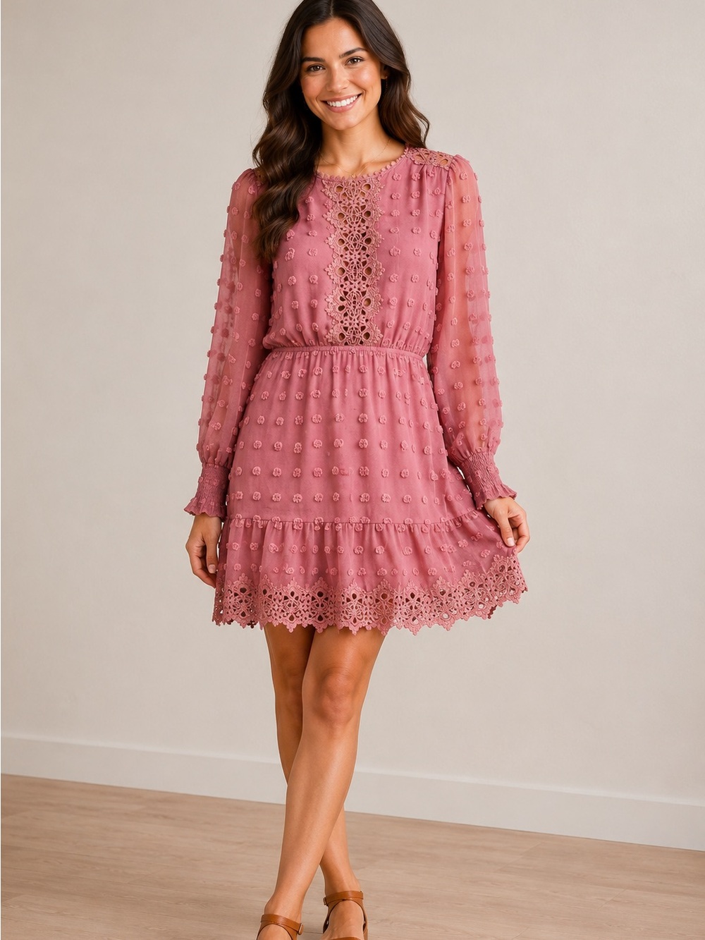 Lulu's Lust or Love Dress‎ Mauve Med Embroidered Lace Long Sleeve Lined Chiffon